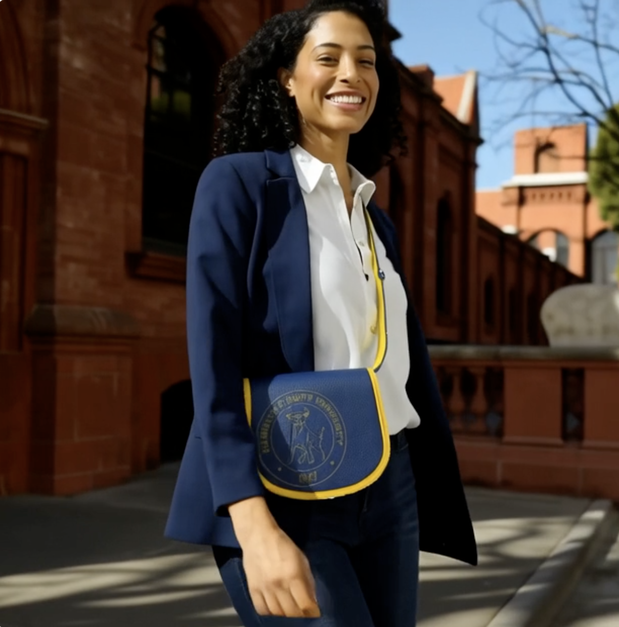 Editorial black-and-white portrait of a Black woman graduate carrying an HBCU Heritage Collection tote on a historic university campus