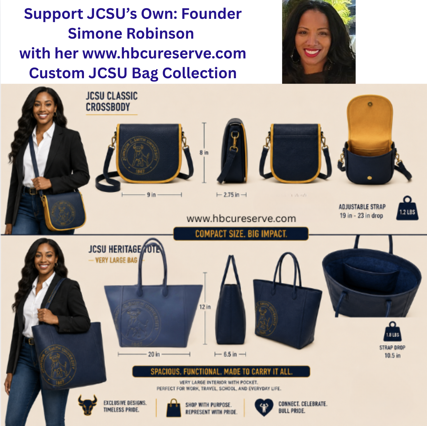 JCSU Classic Crossbody and Heritage Tote dimensions, weights, and strap specifications
