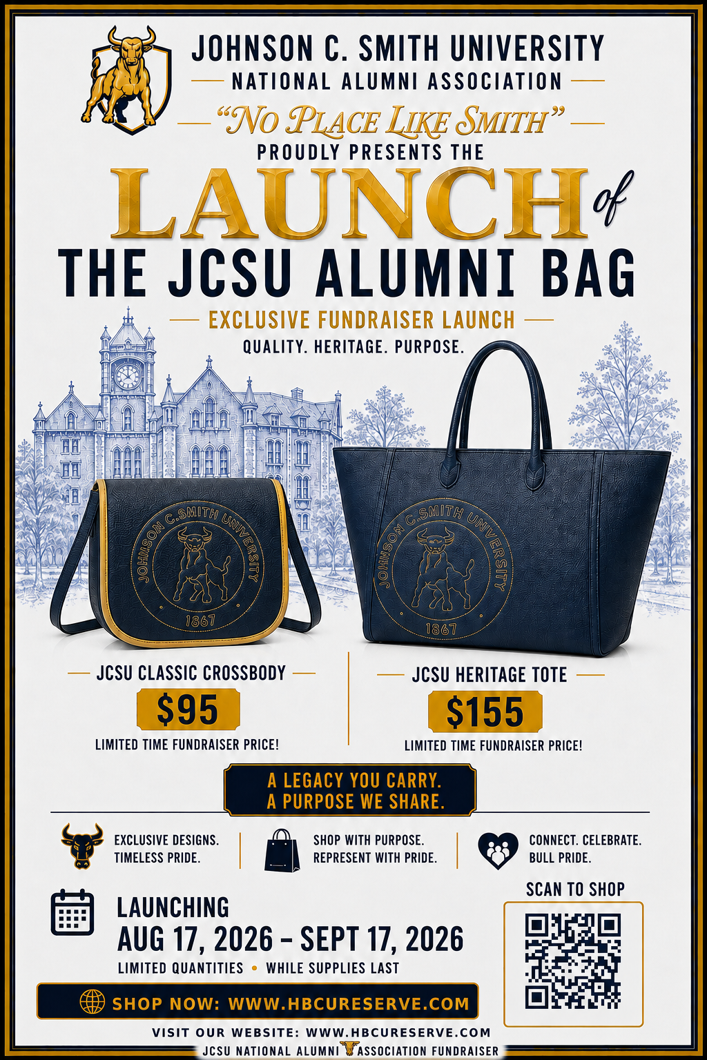 Johnson C. Smith University National Alumni Association flyer announcing the launch of the JCSU Alumni Bag Collection