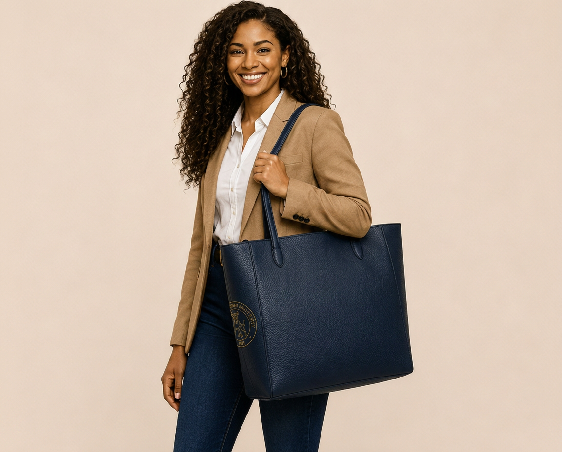 Alumna carrying the JCSU navy Heritage Tote with the gold Golden Bull seal of 1867