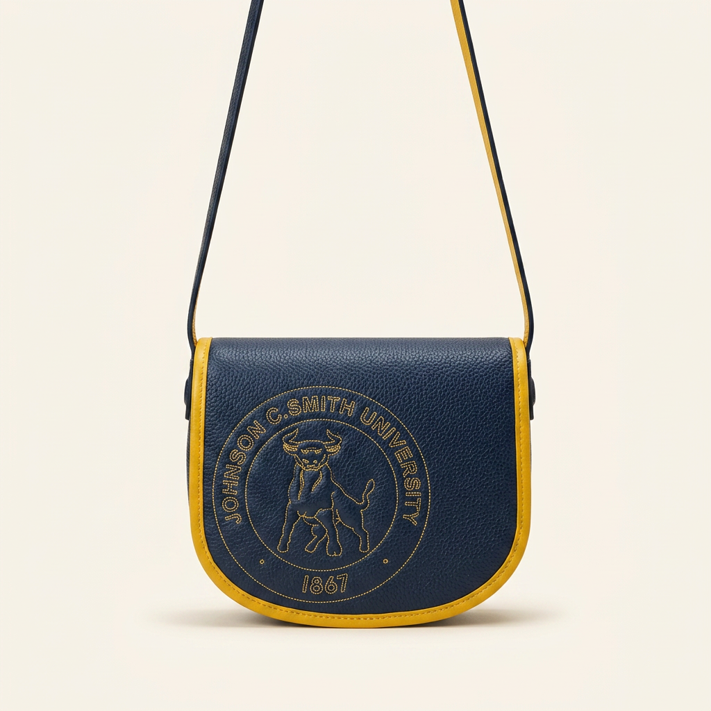 JCSU Classic Crossbody in navy leather with gold-trimmed flap and stitched Golden Bull seal, resting on warm cream backdrop